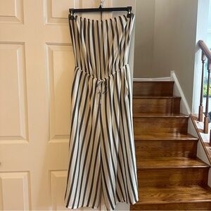 Veronica M White Striped Cropped Capri Jumpsuit Strapless